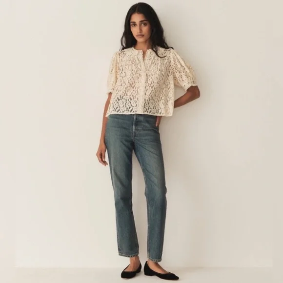 Doen Lenore Lace Collar Button Ruffle Short Sleeve Top Mother of Pearl Cream Tan - Picture 2 of 13